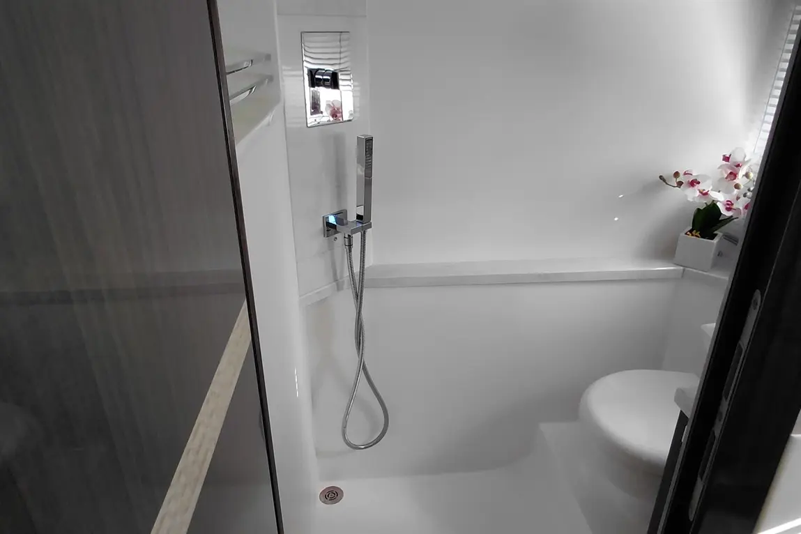 Modern bathroom interior featuring a shower with a chrome fixture, white walls, and a decorative plant on the ledge.
